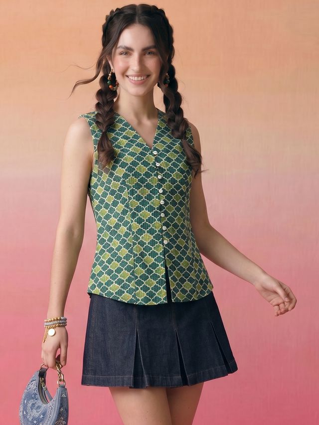 Janasya Teal Waistcoat Cotton Top | Grocsy