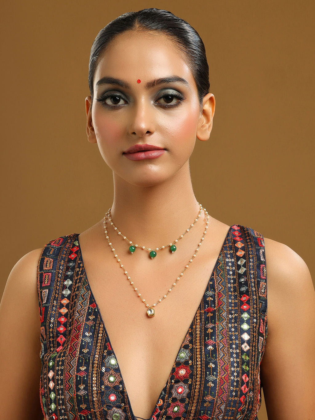 Ruby Raang Gold Kundan and Green Stone Layered Necklace | Grocsy