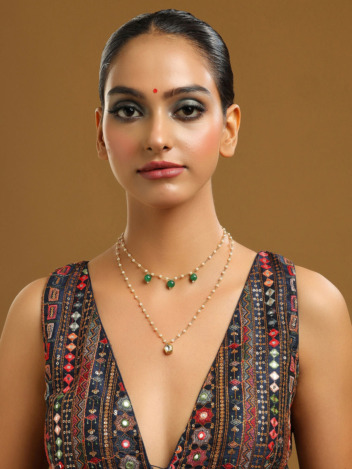 Ruby Raang Gold Kundan and Green Stone Layered Necklace | Grocsy
