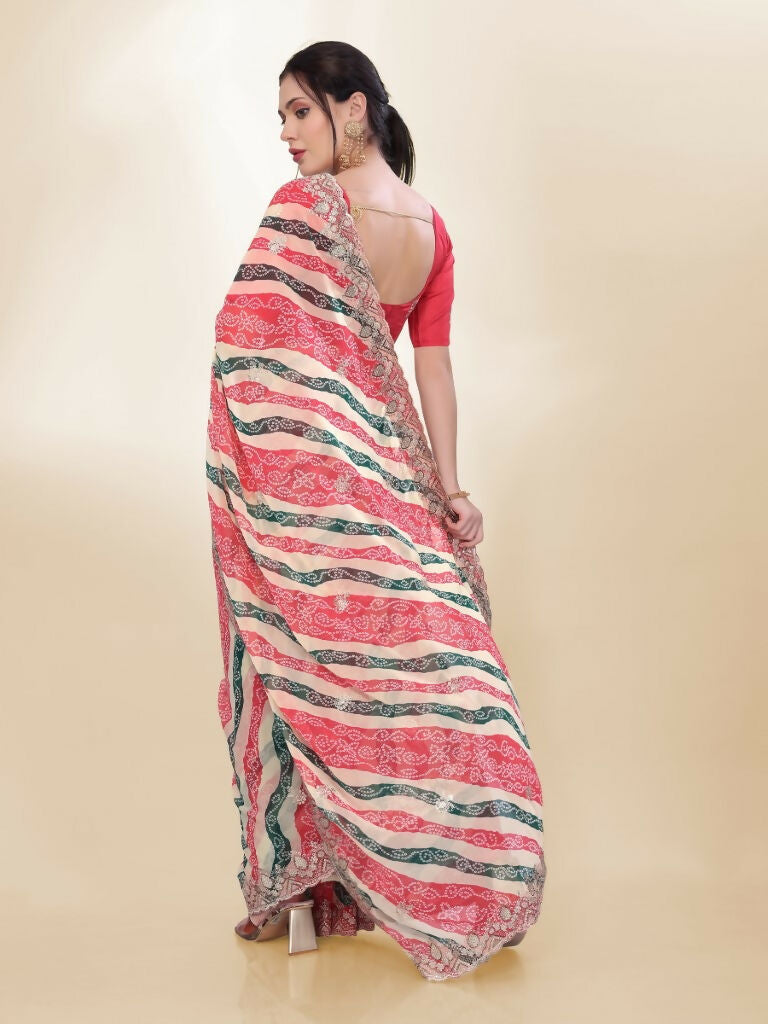 Off White Georgette Bandhani Printed,Embroidery Work Saree - Bandhan | Grocsy