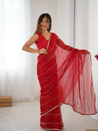 Red Sitara Chiffon Designer Beads Moti,Val Sequence Work Saree - Noorie | Grocsy