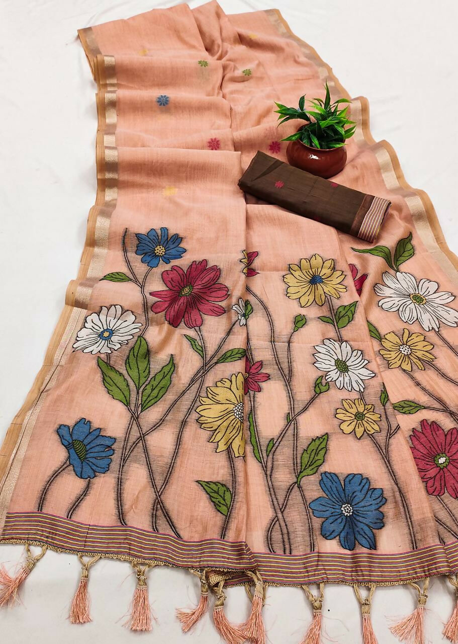 Vastranavya Peach Muga Cotton Meenakari & Azarakh Pallu Saree with Contrast Blouse | Grocsy