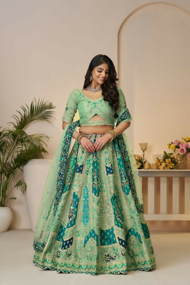 Kesar Fab Green Banarasi Silk Embroidered Lehenga | Grocsy