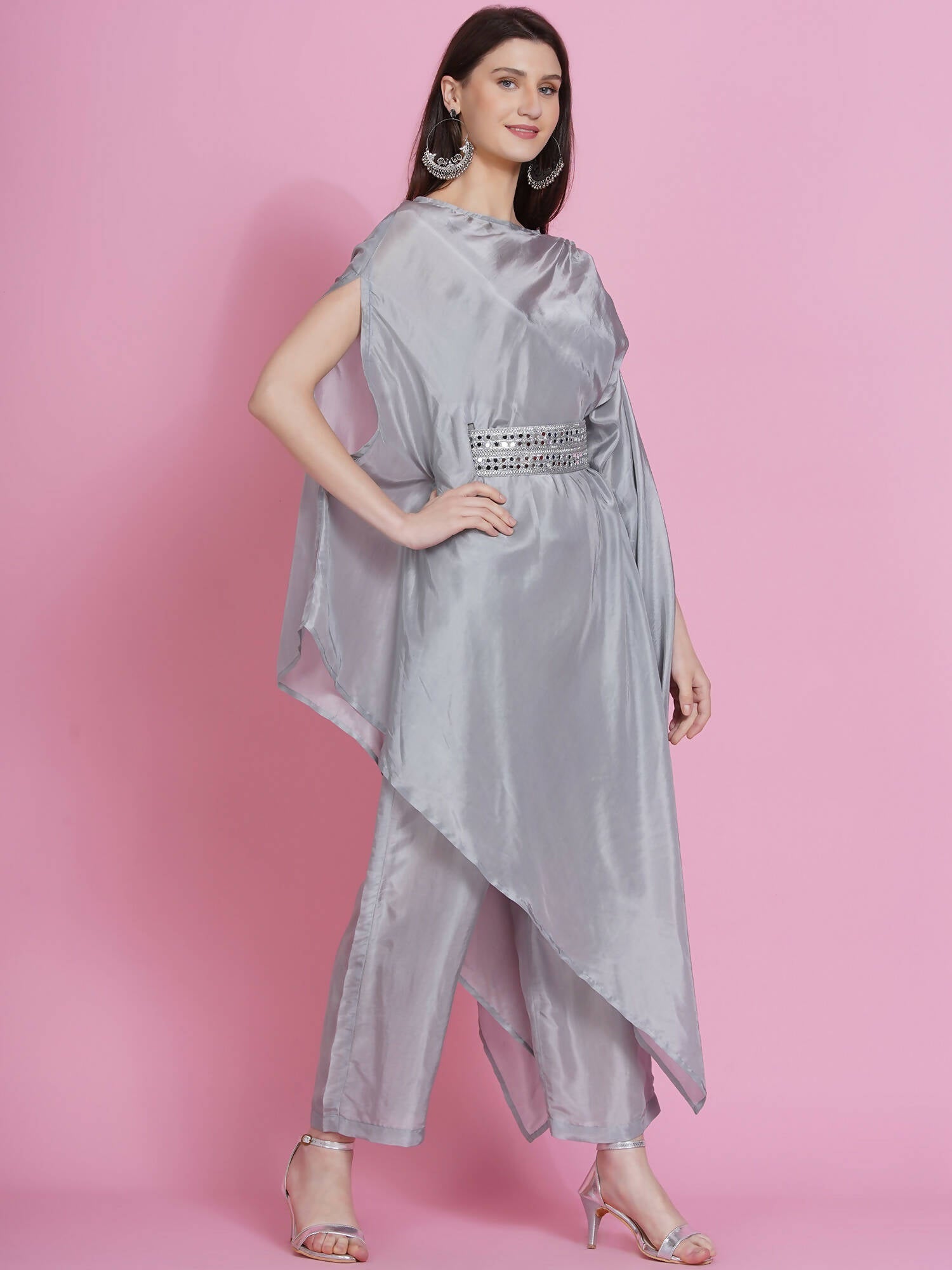 Women Republic Grey Opara Silk Kurta With Belt And Palazzo | Grocsy