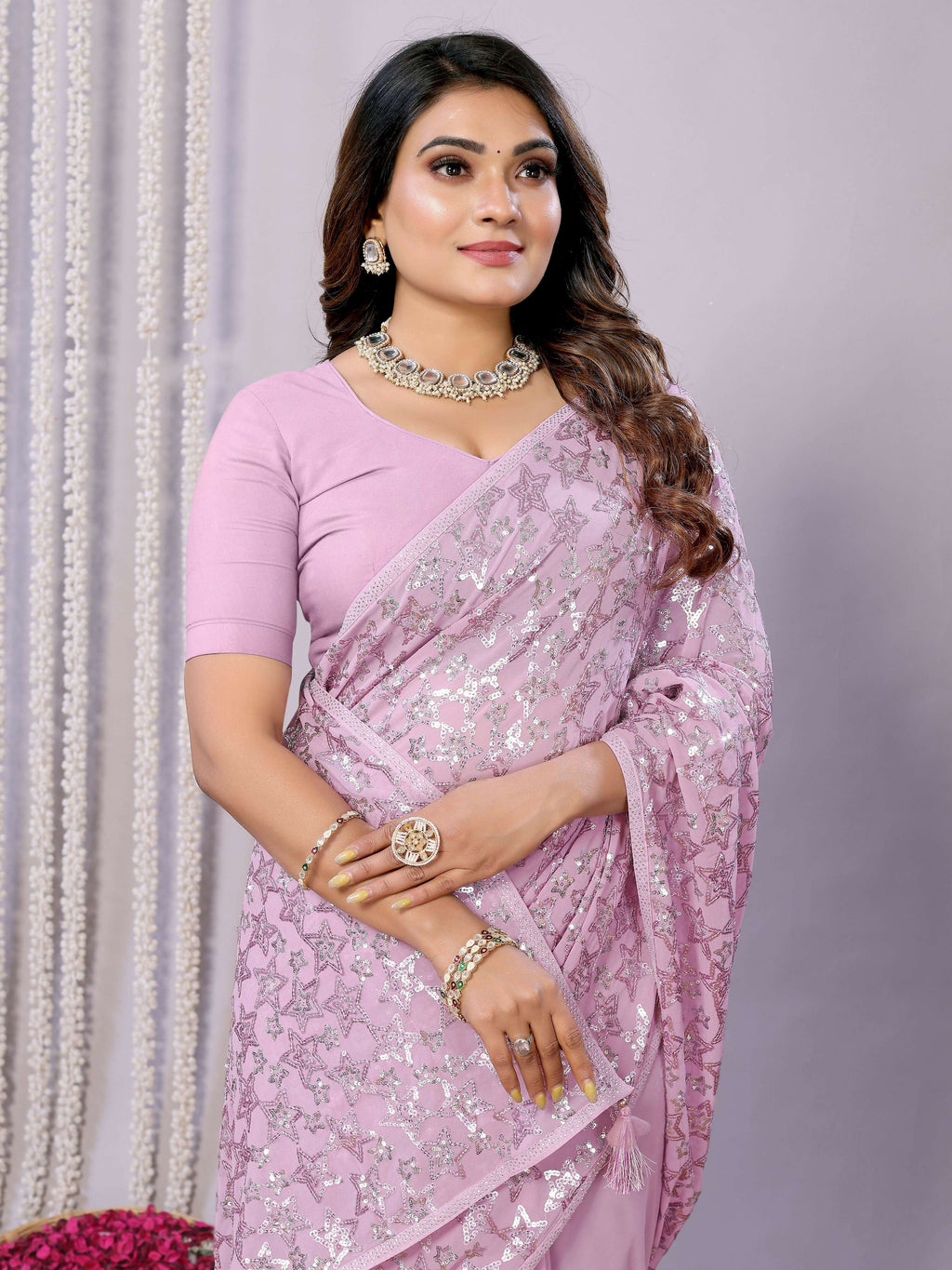 Pink Pure Georgette Embroidered Saree With Stitched Blouse - Nimaya Kaksha | Grocsy
