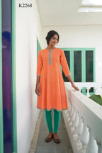 Orange Cotton Floral Printed A line Kurta - Prasuti | Grocsy