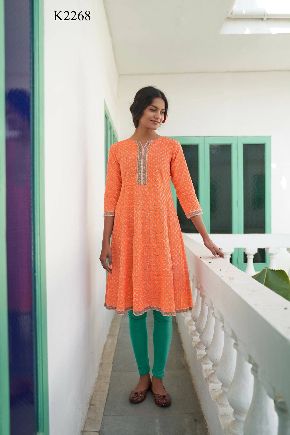 Orange Cotton Floral Printed A line Kurta - Prasuti | Grocsy