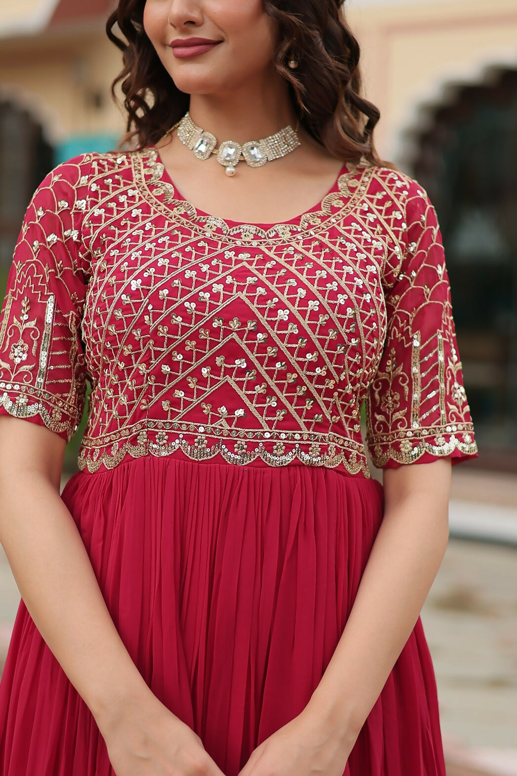 Joban Fashion Pink Georgette Sequence Embroidery Work Gown | Grocsy