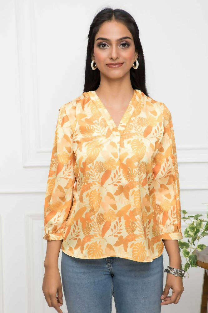 Myshka Women Floral V-Neck Regular Sleeves Polyester Mustard Top | Grocsy