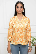 Myshka Women Floral V-Neck Regular Sleeves Polyester Mustard Top | Grocsy