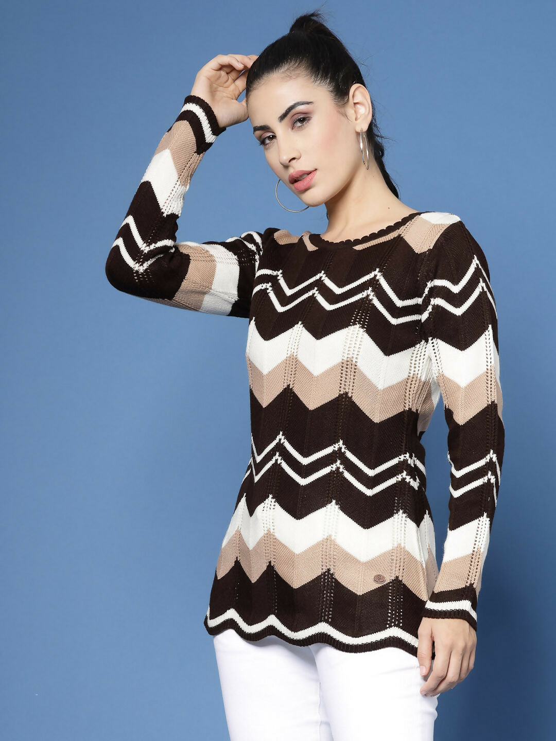 Women Self Design Brown Acrylic Winter Sweater - Wool Trees | Grocsy