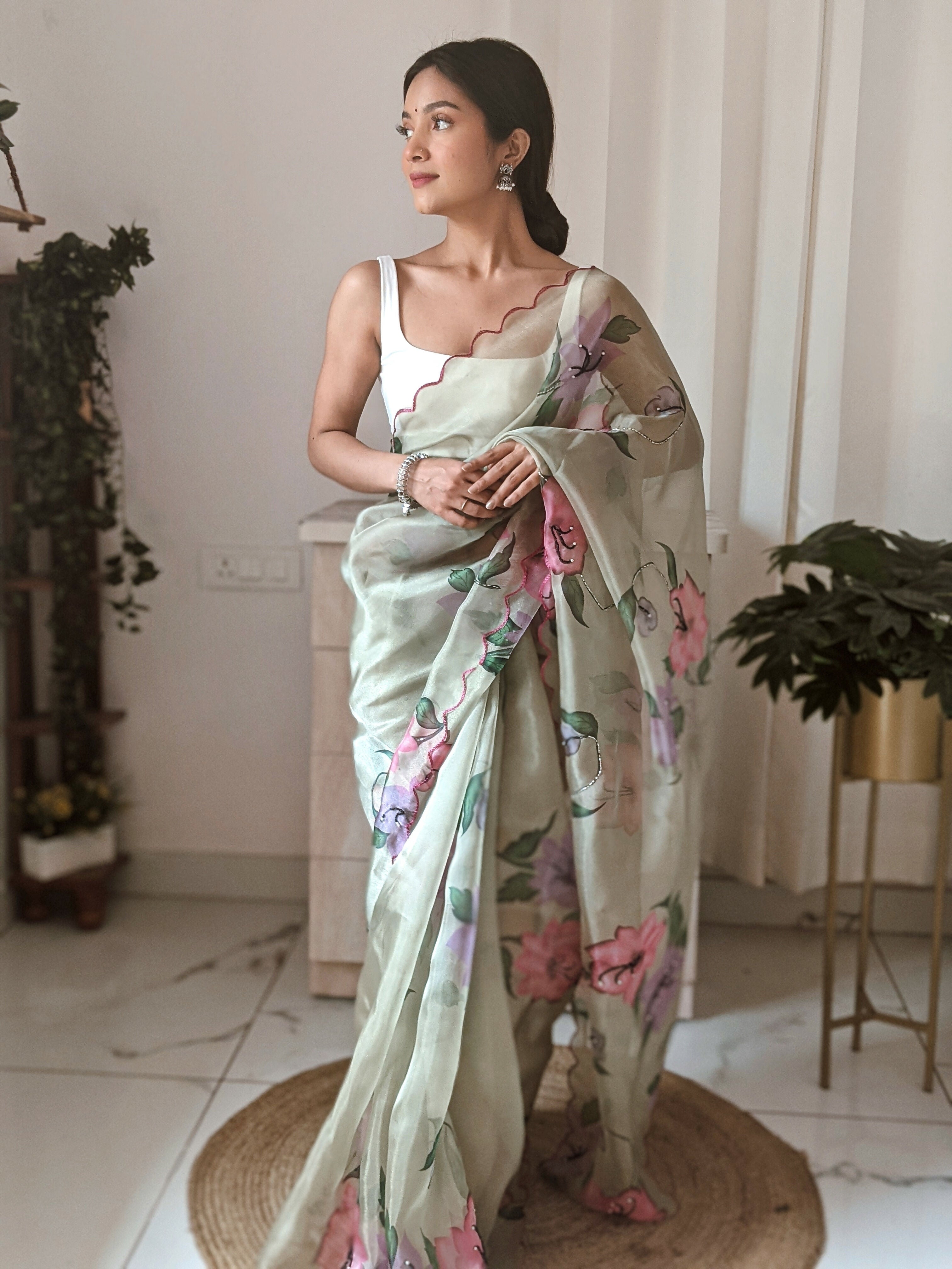 Vamsee Pinki Khatali Green Organza Saree | Grocsy