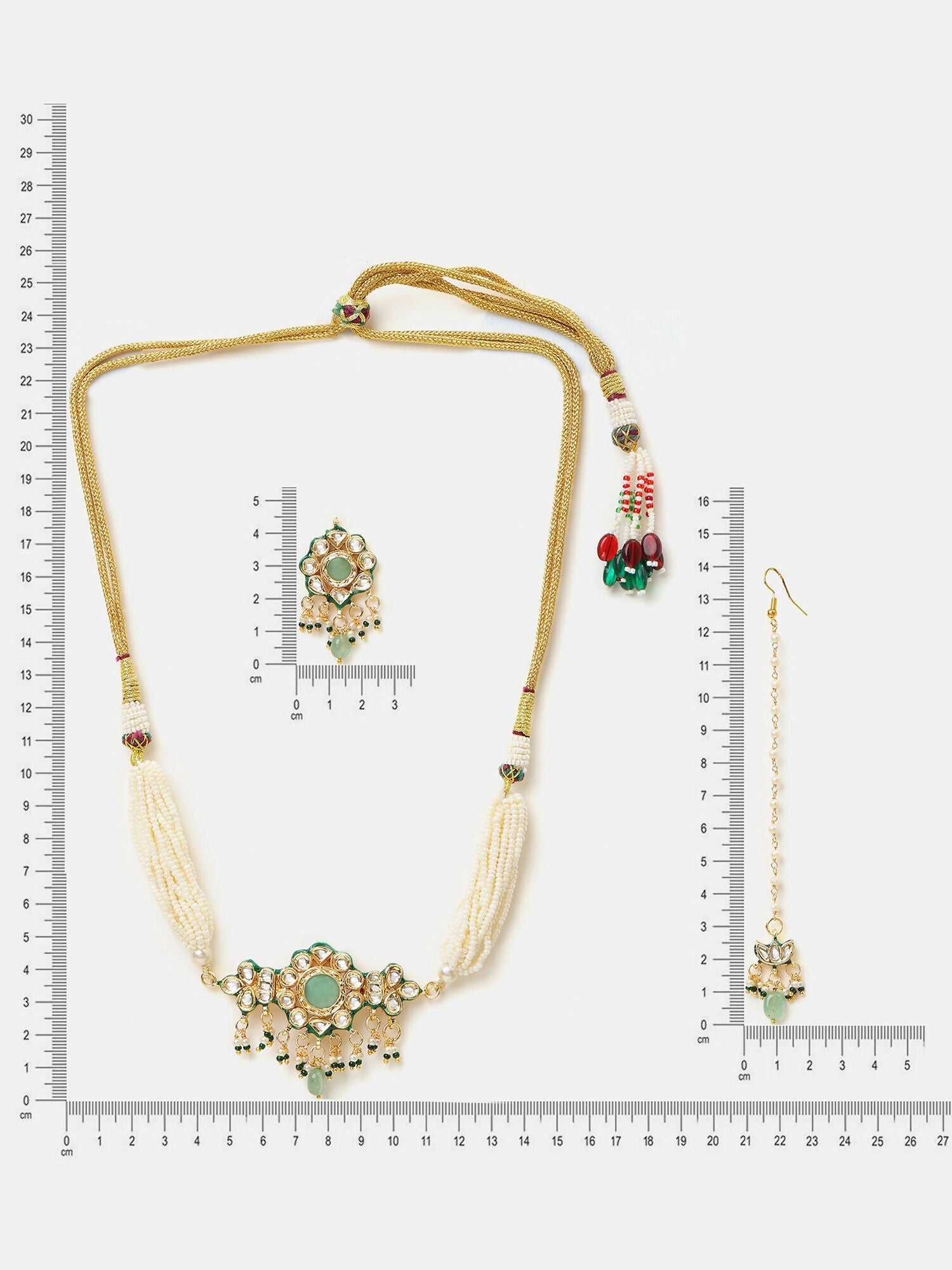 Ruby Raang Green-Gold Kundan Neck Piece With Matching Earrings And Maang Tikka | Grocsy
