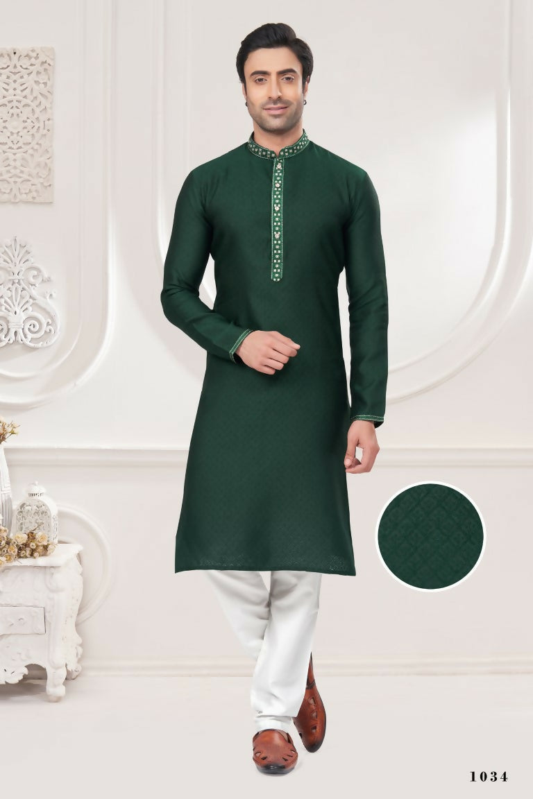Functional Designer Men's Green Jacquard Kurta With Pant - Rudra | Grocsy