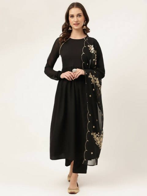 FIORRA Women's Black Poly Crepe Flared Kurta Pant With Dupatta | Grocsy