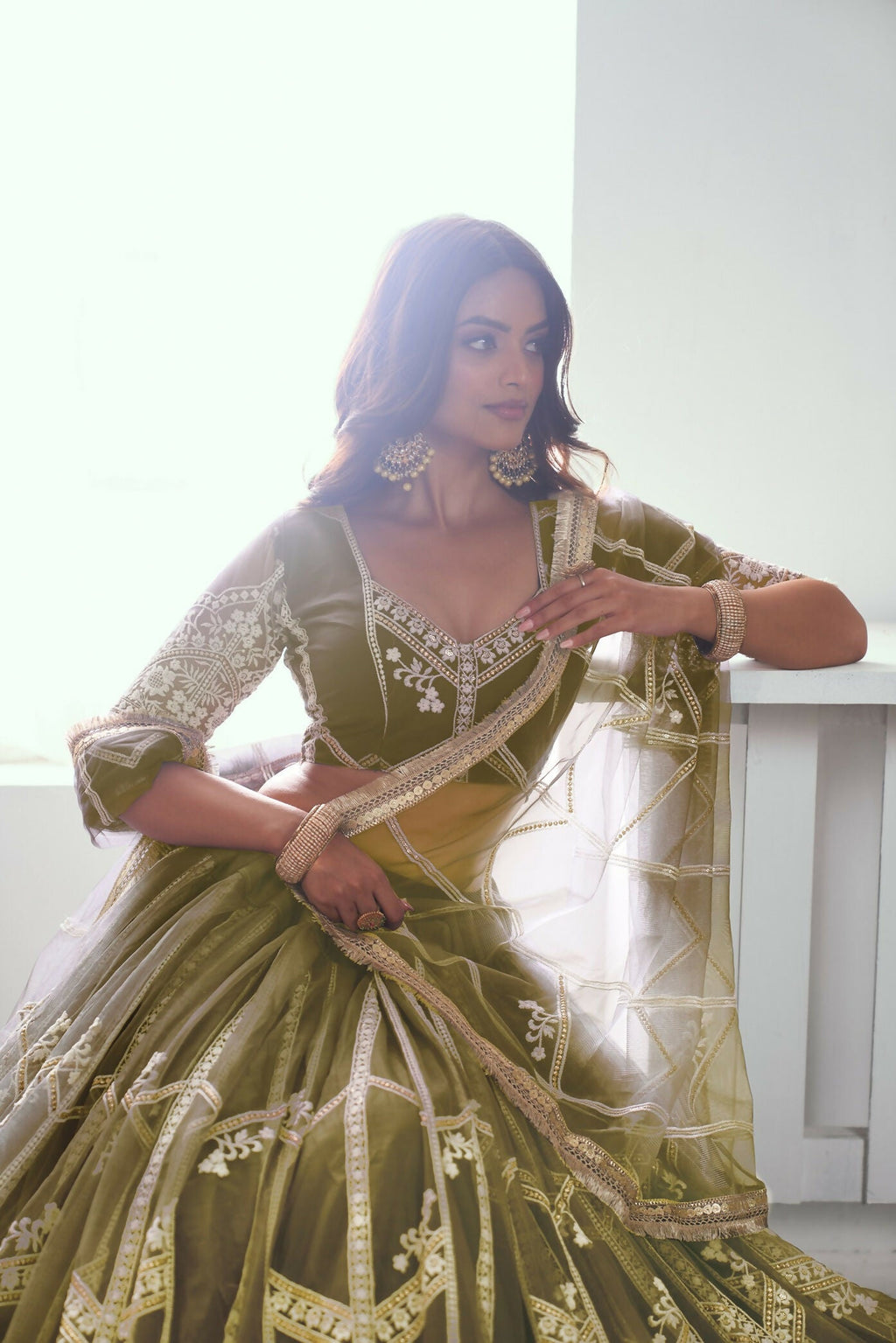 Eilara Adorable Olive Green Sequins Net Mehendi Wear Lehenga Choli | Grocsy
