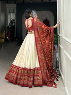 Lorenvalley Offwhite and Red Tussar Silk Patola Print Lehenga Choli | Grocsy