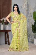 Vastranavya Soft Crush Georgette With Embroidery and Foil Multi Thread Work Saree - Light olive | Grocsy