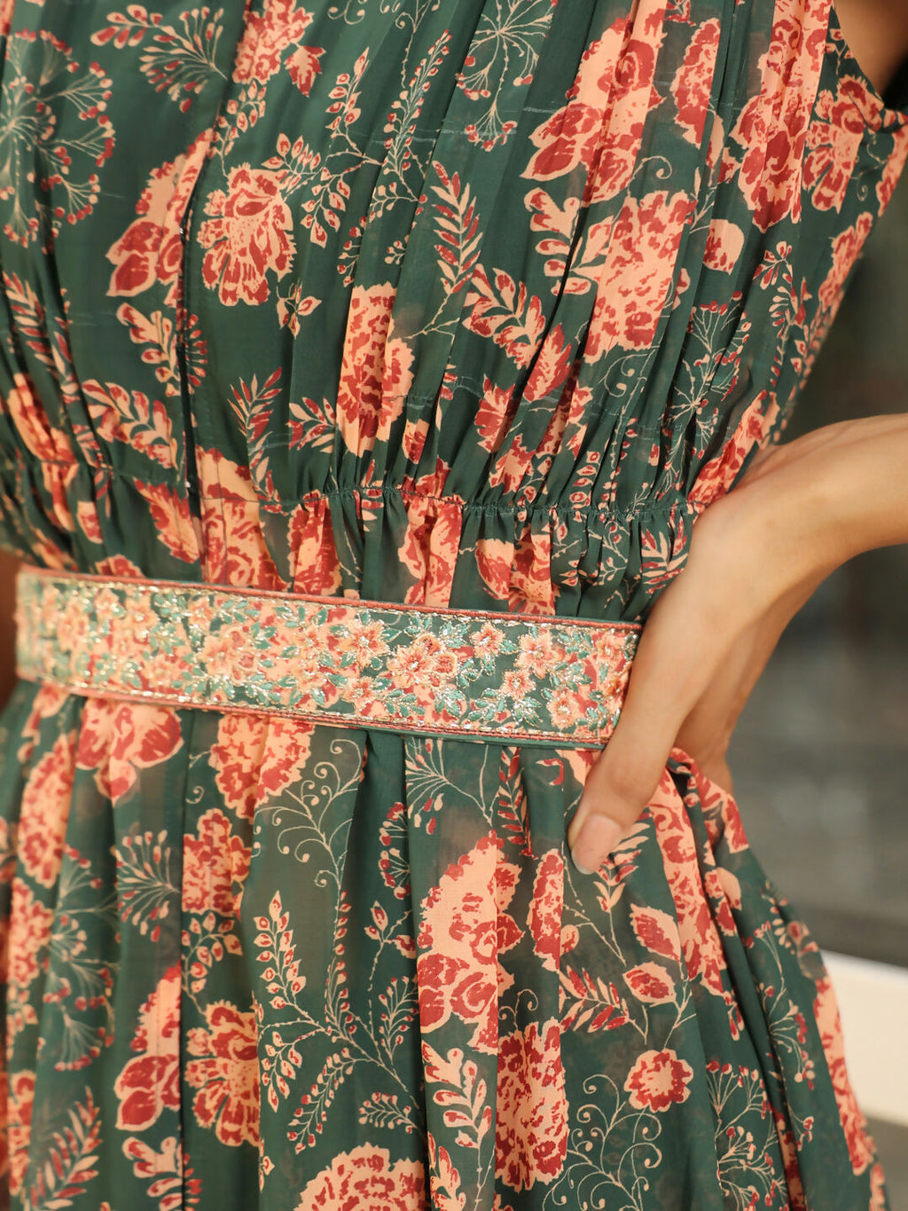 Janasya Green Georgette Floral Kurta & Bottom | Grocsy