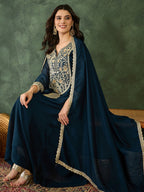 The52 Women's Beautiful Embroidery Work Vichitra Silk Fabric Flared Kurta Pant and Dupatta Set-Petrol | Grocsy