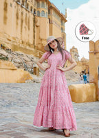 Designer Partywear Printed Pink Pure Maslin Gown - Anbazaar | Grocsy