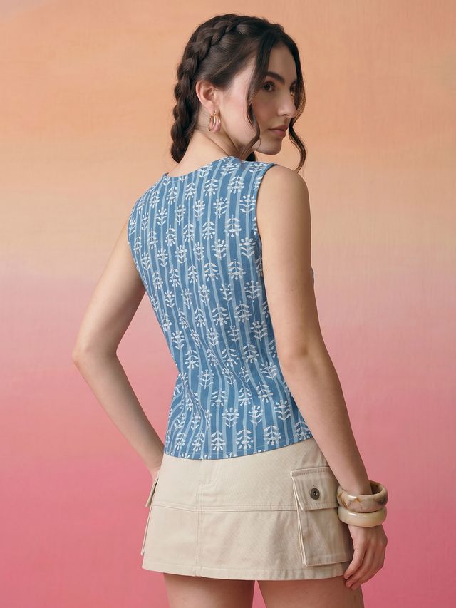 Janasya Blue A-Line Cotton Top | Grocsy