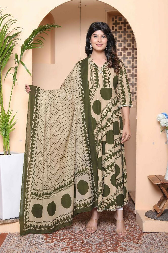 Miravan Women'S Polka Dot Printed Pure Cotton Anarkali Kurta With Dupatta | Grocsy