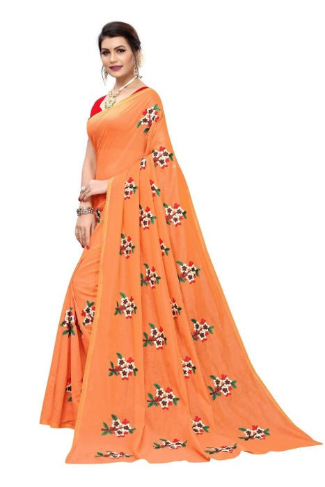 Vamika Chanderi Cotton Embroidery Orange Saree (Mogra Orange) | Grocsy