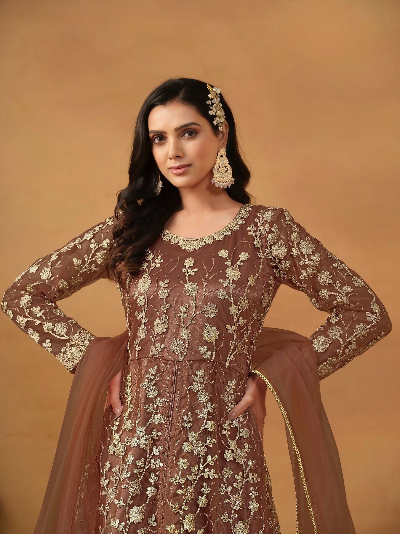 Anaita Brown Embroidered Net Anarkali Suit | Grocsy