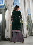 Juniper Women's Green Floral Printed Georgette Kurta Sharara & Dupatta Set With Sequins | Grocsy