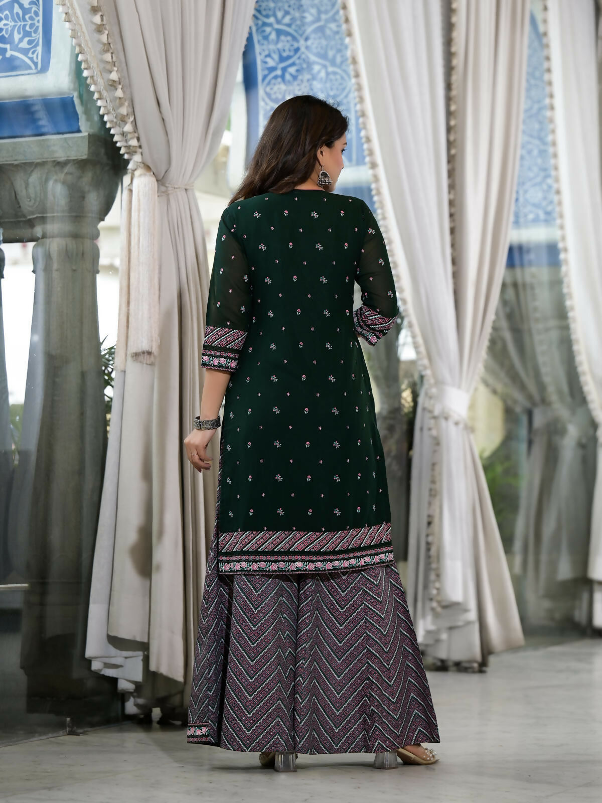 Juniper Women's Green Floral Printed Georgette Kurta Sharara & Dupatta Set With Sequins | Grocsy