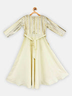 Ahalyaa Cream Crepe Gold Foil Printed Kids Kurta with Jacket For Girls | Grocsy