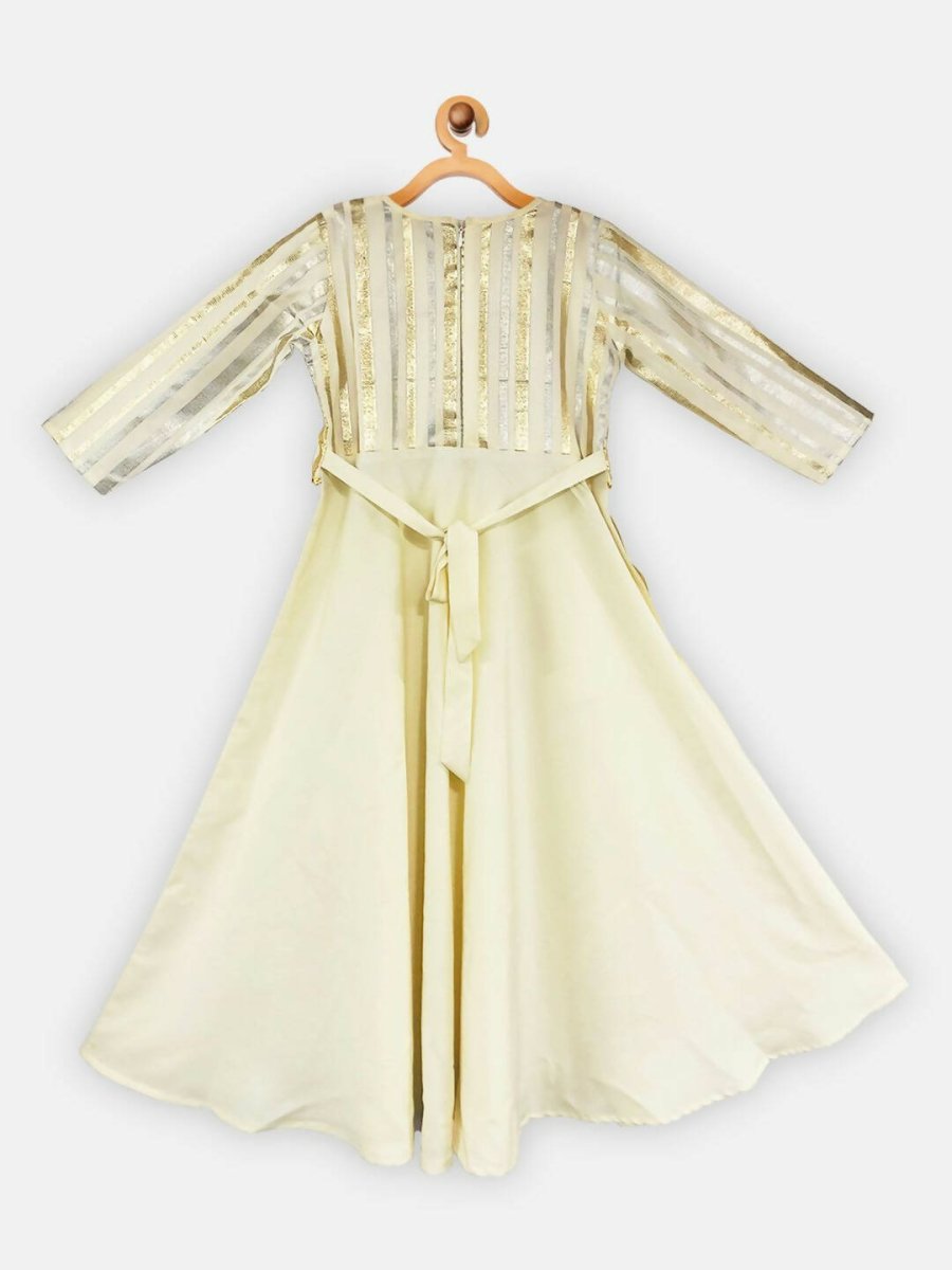 Ahalyaa Cream Crepe Gold Foil Printed Kids Kurta with Jacket For Girls | Grocsy