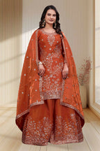 Teeya Creation New Trendy Stylish Rust Orange Embroidered Silk Sharara Suit Set With Dupatta | Grocsy