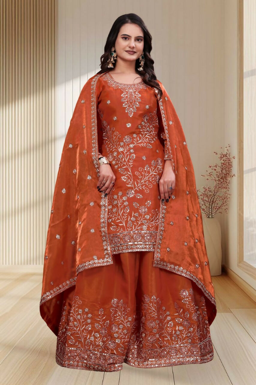 Teeya Creation New Trendy Stylish Rust Orange Embroidered Silk Sharara Suit Set With Dupatta | Grocsy