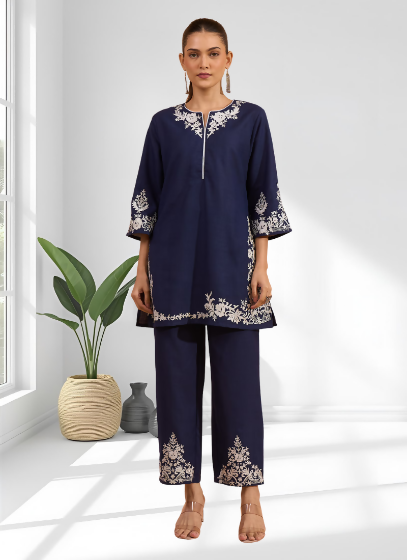 Joban Fashion Navy Blue Cotton, Linen Embroidered Readymade Cord Set | Grocsy