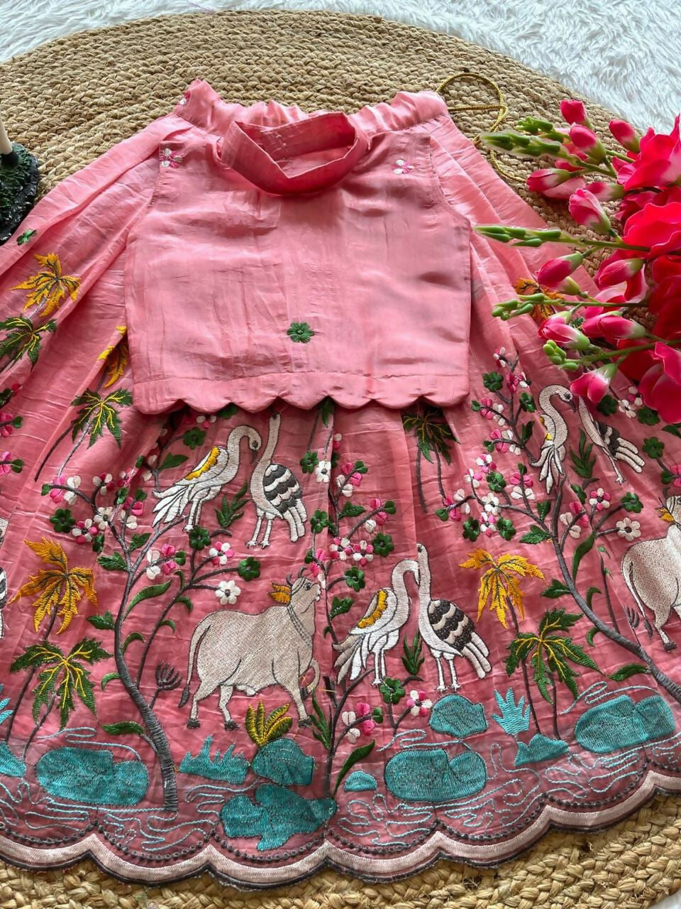 Teeya Creation New Girls Blush Pink Pichwai Embroidered Lehenga Choli Set-Pink | Grocsy