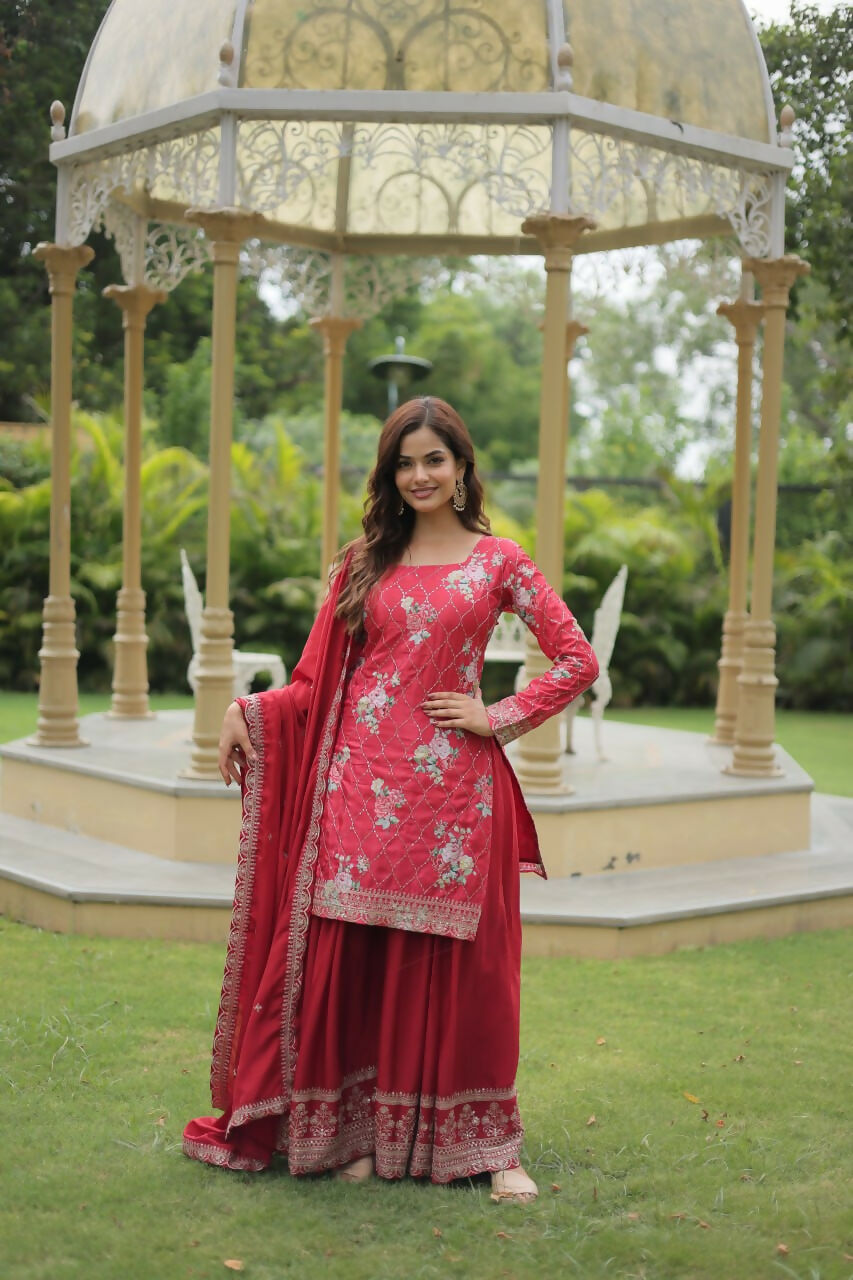 Vastranavya Premium Designer Printed With Sequins & Thread Embroidered work Kurti Palazzo & Dupatta - Red | Grocsy