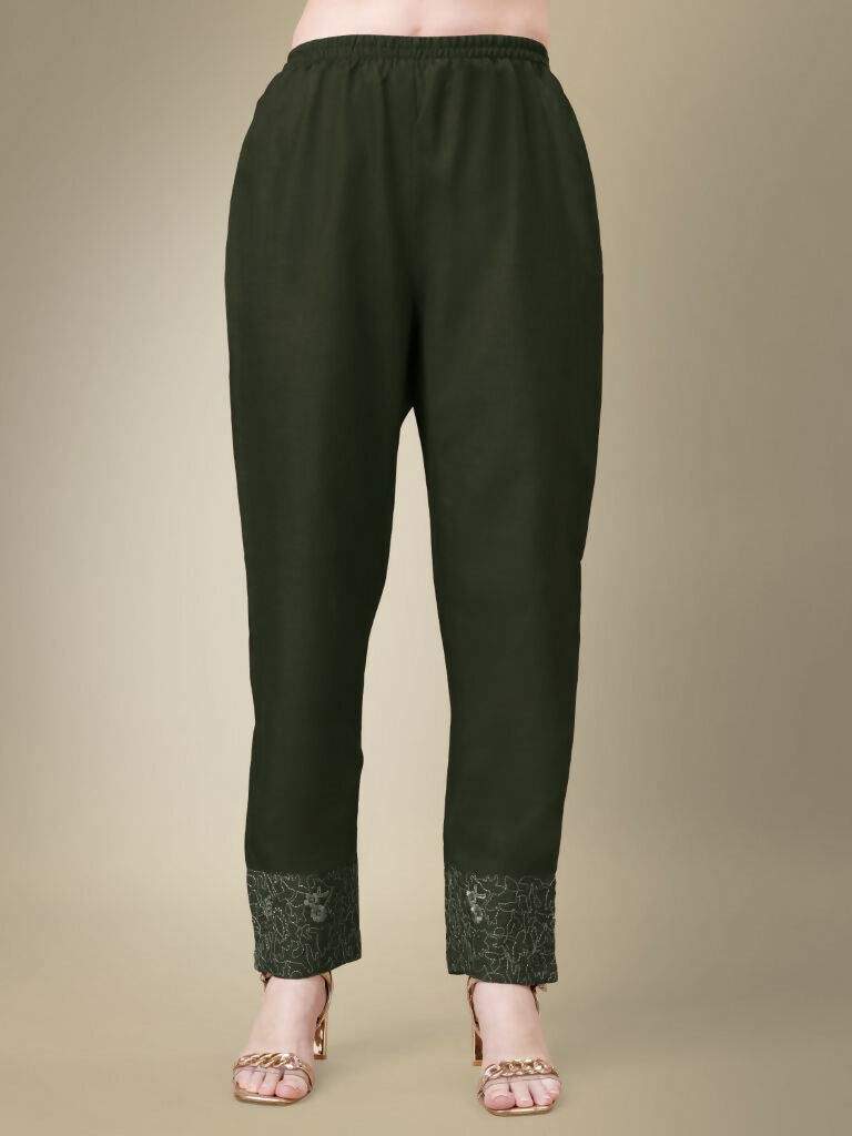 Jyoti Fashion Women's Dark Green Cotton Blend Embroidery & Fancy Lace work Kurta with Trouser & Dupatta | Grocsy