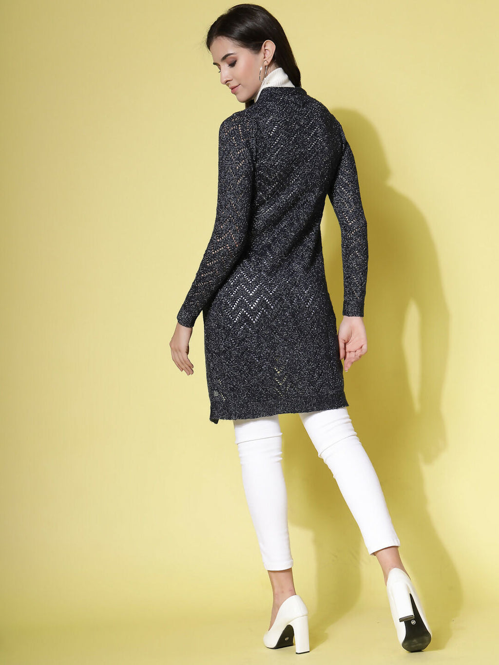 Women Self Design Long Navy Blue Acrylic Winter Shrug - Wool Trees | Grocsy