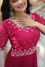 Vastranavya Faux Blooming with Beads embroidery-work Gown - Pink | Grocsy