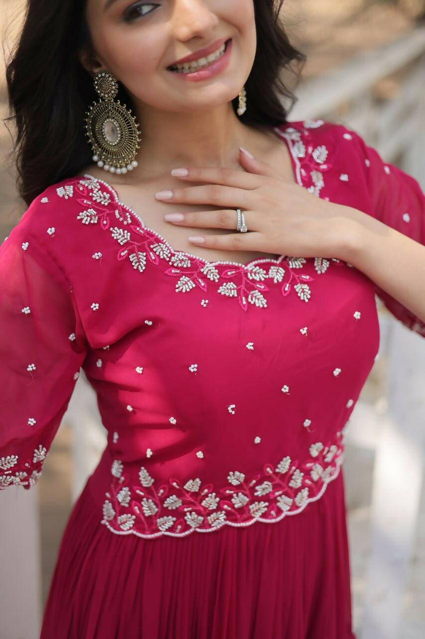 Vastranavya Faux Blooming with Beads embroidery-work Gown - Pink | Grocsy
