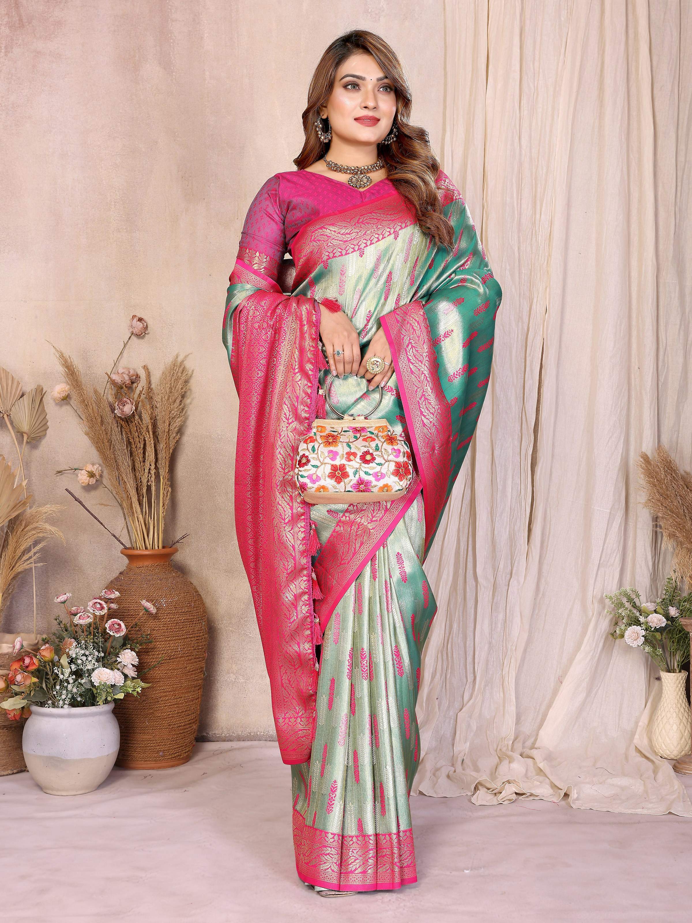 Aastha Fashion Sea Green Tissue Silk Paithani Woven Saree | Grocsy
