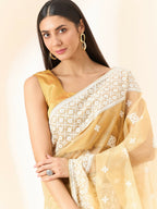 Beige Organza Geometric Embroidered Saree with Unstitched Blouse Piece - Roozal | Grocsy