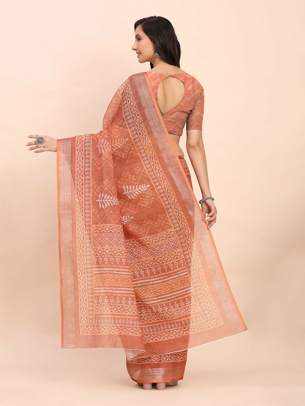 Shree Shyam Fashion Linen Cotton Rust Saree | Grocsy