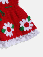 Chutput Kids Woollen Hand Knitted Short Sleeves Flower Detail Dress For Baby Girls - Red | Grocsy