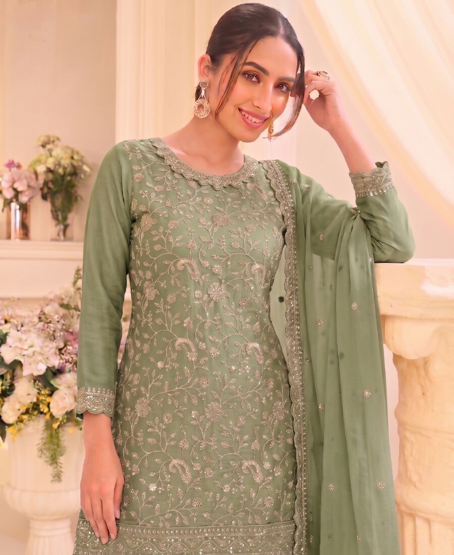 KC Pista Green Vichitra Silk Palazzo Suit For Women Festival Wear | Grocsy