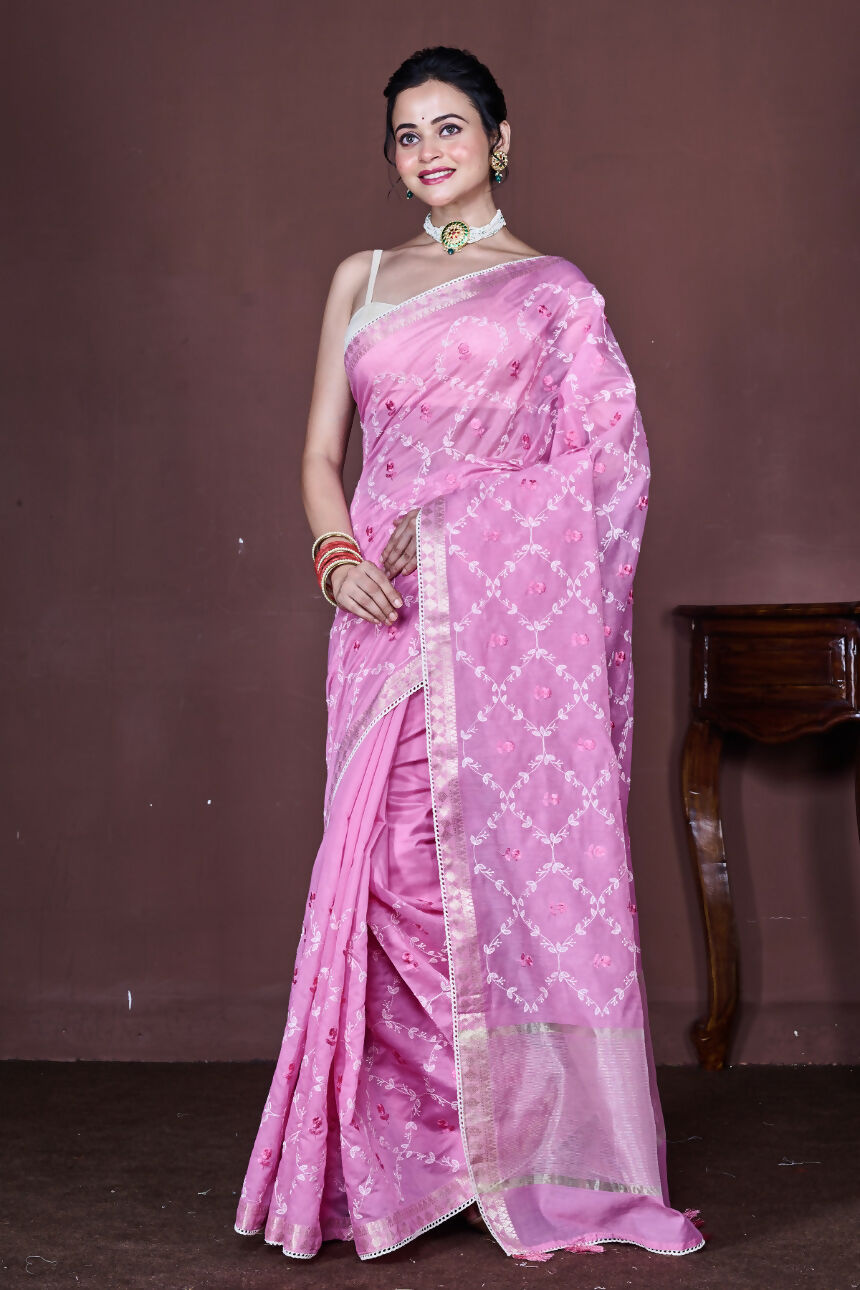 Morchari Pink Cotton Chanderi Embroidery Saree Unstitched Blouse | Grocsy
