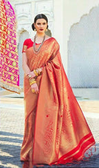 DEIANA'S Beautiful Designer Golden zari Soft Lichi Silk Saree - Red | Grocsy