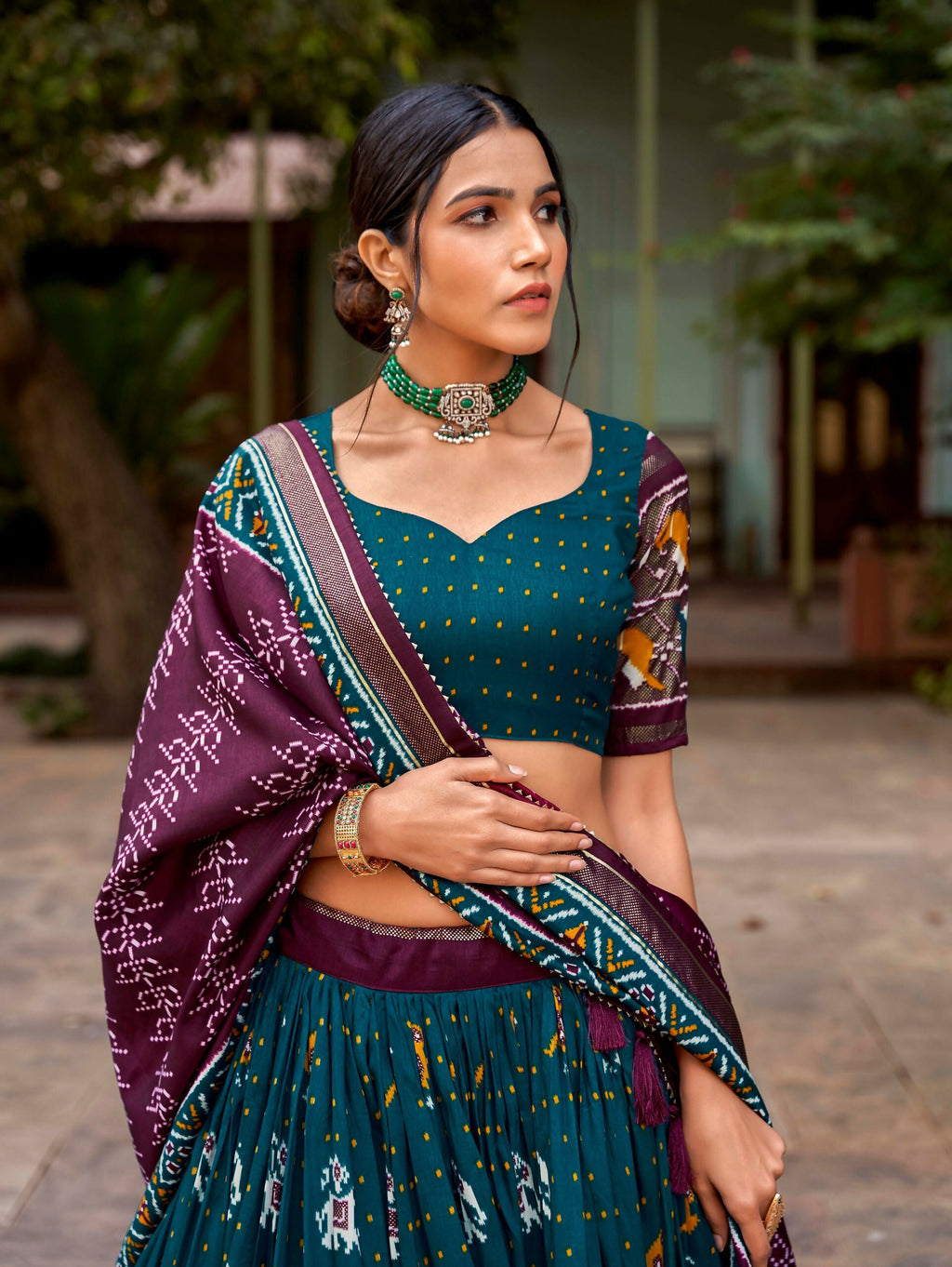 Vastranavya Patola Printed and Foil Work Tussar Silk Lehenga with Unstitched Blouse - Teal | Grocsy